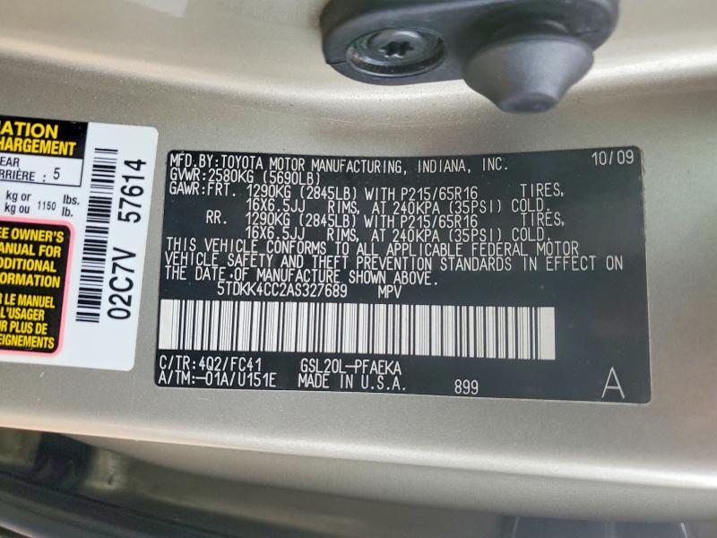 55003326 :رقم المزاد ، 5TDKK4CC2AS327689 vin ، 2010 Toyota Sienna مزاد بيع