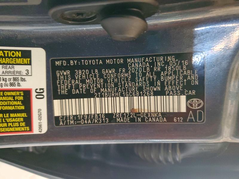 Aukcja sprzedaży 2016 Toyota Corolla, vin: 2T1BURHE1GC681268, numer aukcji: 55323066