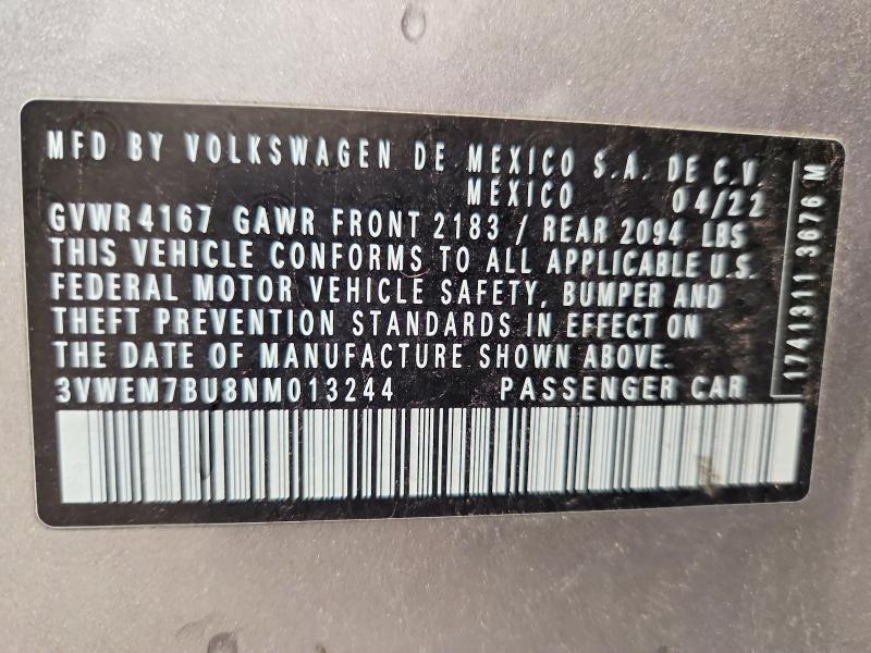 53061036 :رقم المزاد ، 3VWEM7BU8NM013244 vin ، 2022 Volkswagen Jetta مزاد بيع