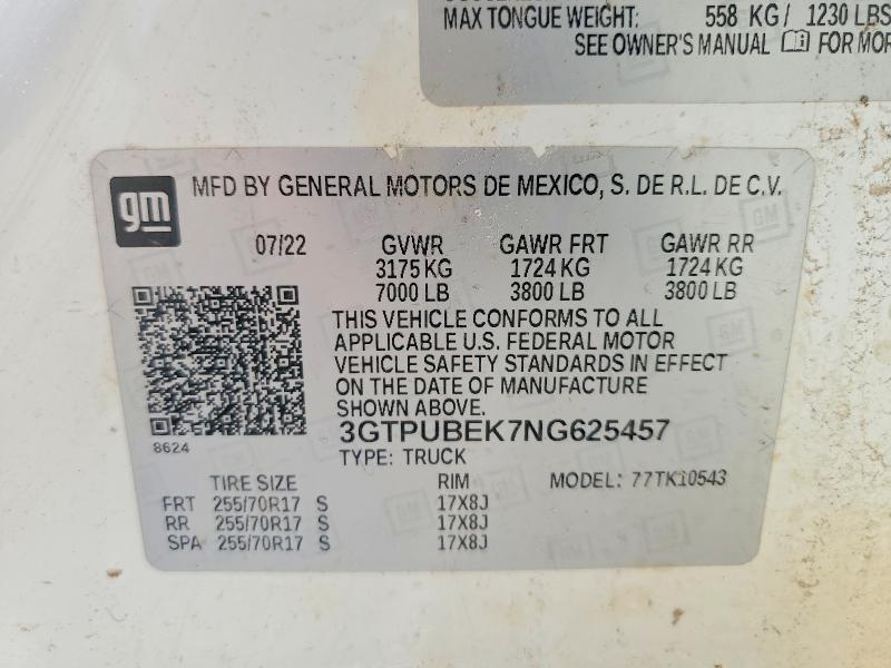 55002046 :رقم المزاد ، 3GTPUBEK7NG625457 vin ، 2022 Gmc Sierra مزاد بيع