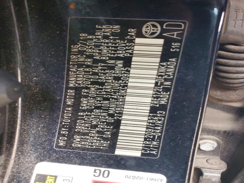 55198676 :رقم المزاد ، 2T1BURHE0KC150975 vin ، 2019 Toyota Corolla مزاد بيع