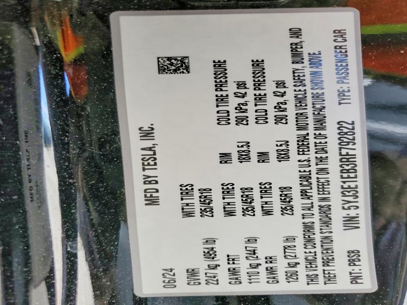 Продаж на аукціоні авто 2024 Tesla Model 3, vin: 5YJ3E1EB3RF792822, номер лоту: 53081176