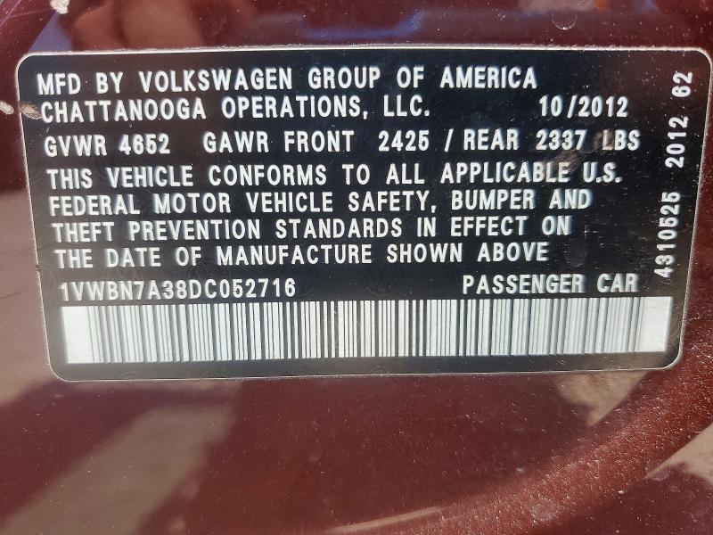 52449016 :رقم المزاد ، 1VWBN7A38DC052716 vin ، 2013 Volkswagen Passat مزاد بيع