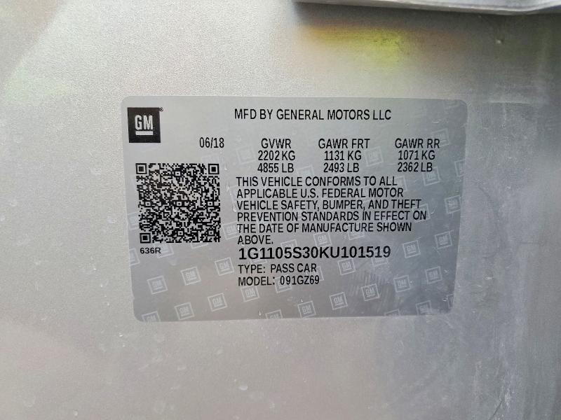 Продажа на аукционе авто 2019 Chevrolet Impala, vin: 1G1105S30KU101519, номер лота: 53095606
