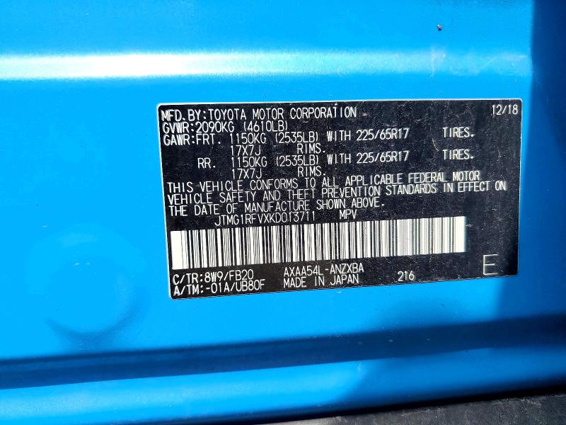 54789206 :رقم المزاد ، JTMG1RFVXKD013711 vin ، 2019 Toyota Rav4 مزاد بيع