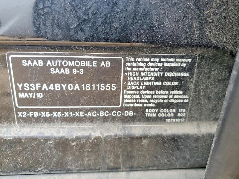 53055496 :رقم المزاد ، YS3FA4BY0A1611555 vin ، 2010 Saab 9-3 مزاد بيع