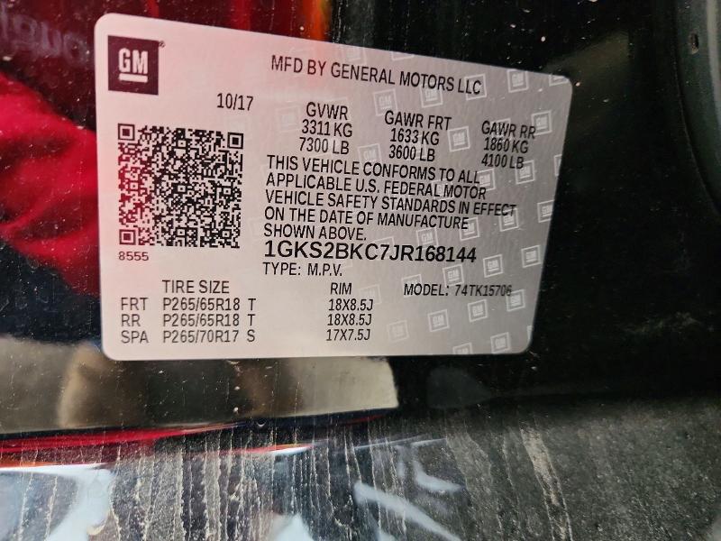 52540696 :رقم المزاد ، 1GKS2BKC7JR168144 vin ، 2018 Gmc Yukon مزاد بيع
