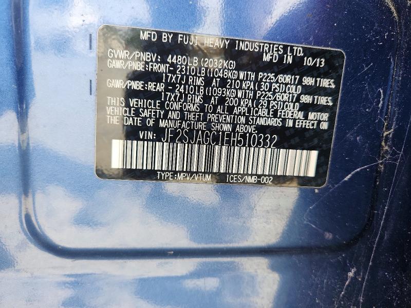 2014 Subaru Forester მანქანა იყიდება აუქციონზე, vin: JF2SJAGC1EH510332, აუქციონის ნომერი: 54808866