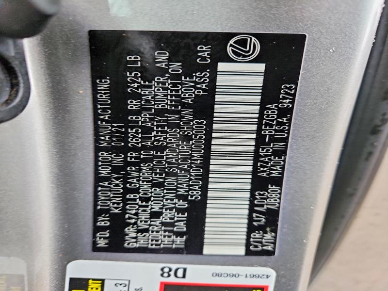 Aukcja sprzedaży 2021 Lexus Es 250, vin: 58AD11D14MU005003, numer aukcji: 51766066
