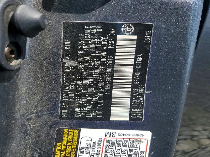 54761736 :رقم المزاد ، 4T1BK46K57U012646 vin ، 2007 Toyota Camry مزاد بيع