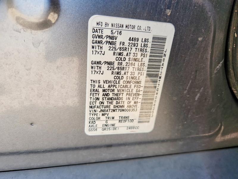 54675416 :رقم المزاد ، JN8AT2MT7GW006353 vin ، 2016 Nissan Rogue مزاد بيع