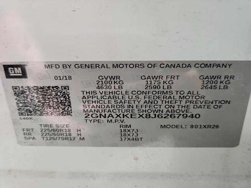 Aukcja sprzedaży 2018 Chevrolet Equinox, vin: 2GNAXKEX8J6267940, numer aukcji: 53516076