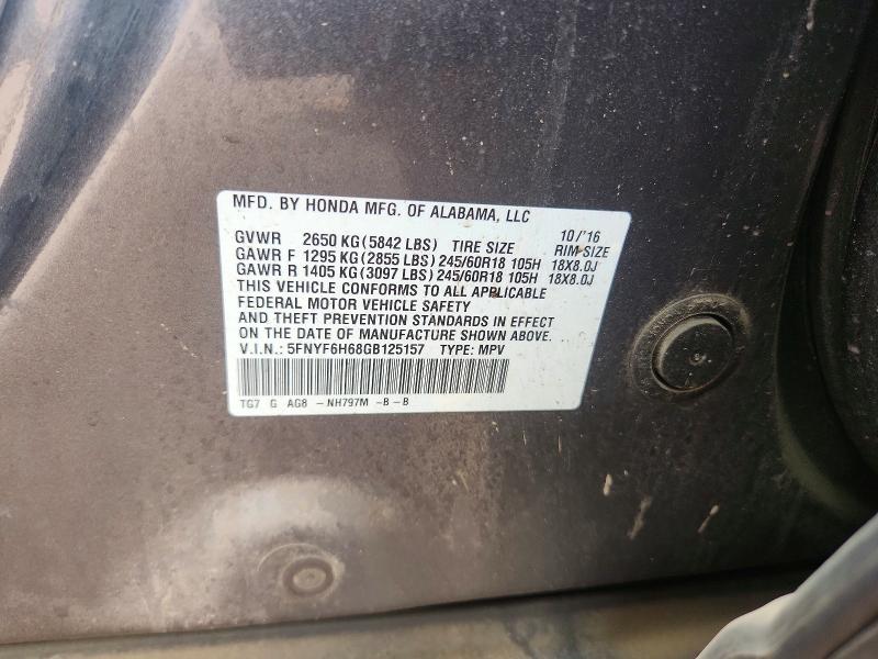 Продаж на аукціоні авто 2016 Honda Pilot, vin: 5FNYF6H68GB125157, номер лоту: 54553976