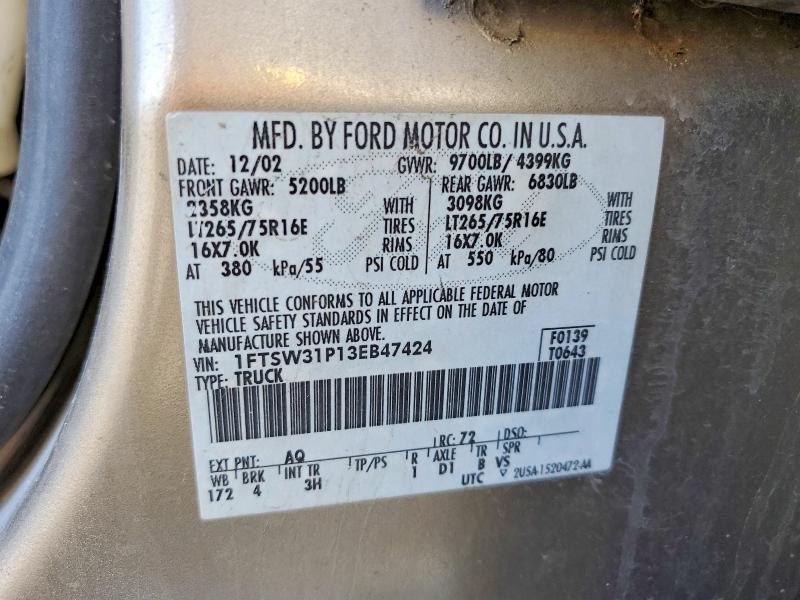Aukcja sprzedaży 2003 Ford F350, vin: 1FTSW31P13EB47424, numer aukcji: 52677346