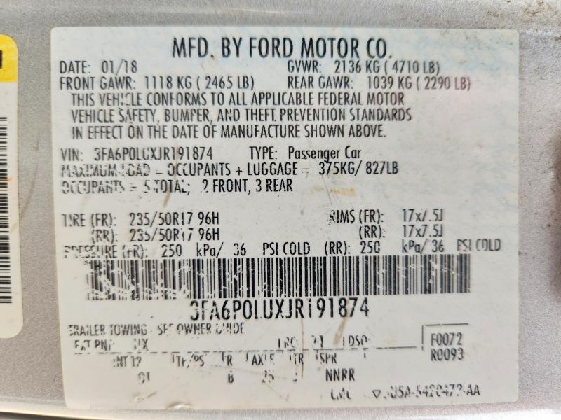 52676316 :رقم المزاد ، 3FA6P0LUXJR191874 vin ، 2018 Ford Fusion مزاد بيع