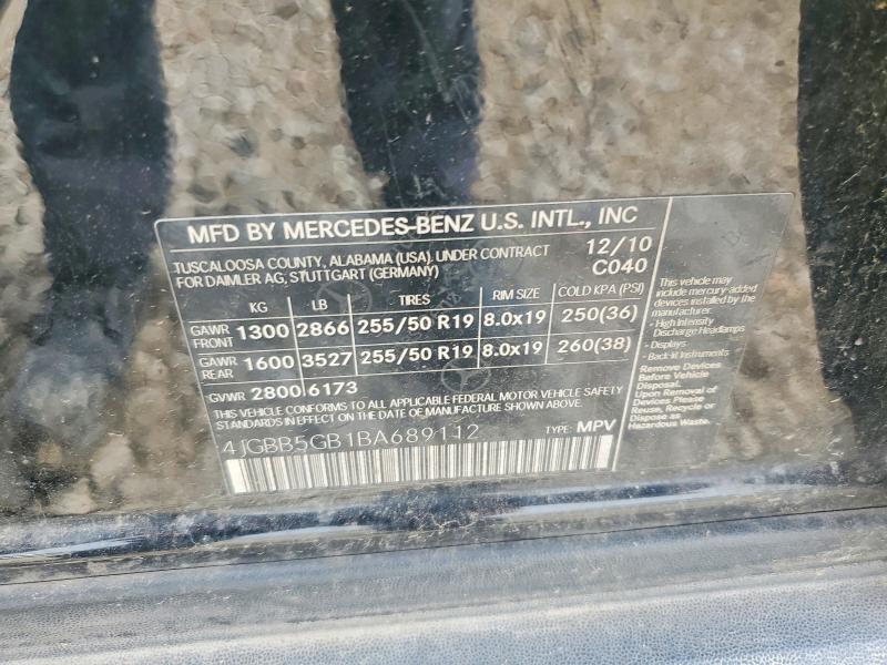 2011 Mercedes-benz Ml მანქანა იყიდება აუქციონზე, vin: 4JGBB5GB1BA689112, აუქციონის ნომერი: 54449636