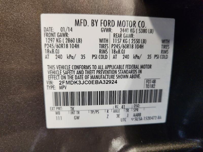 53412876 :رقم المزاد ، 2FMDK3JC0EBA32924 vin ، 2014 Ford Edge مزاد بيع