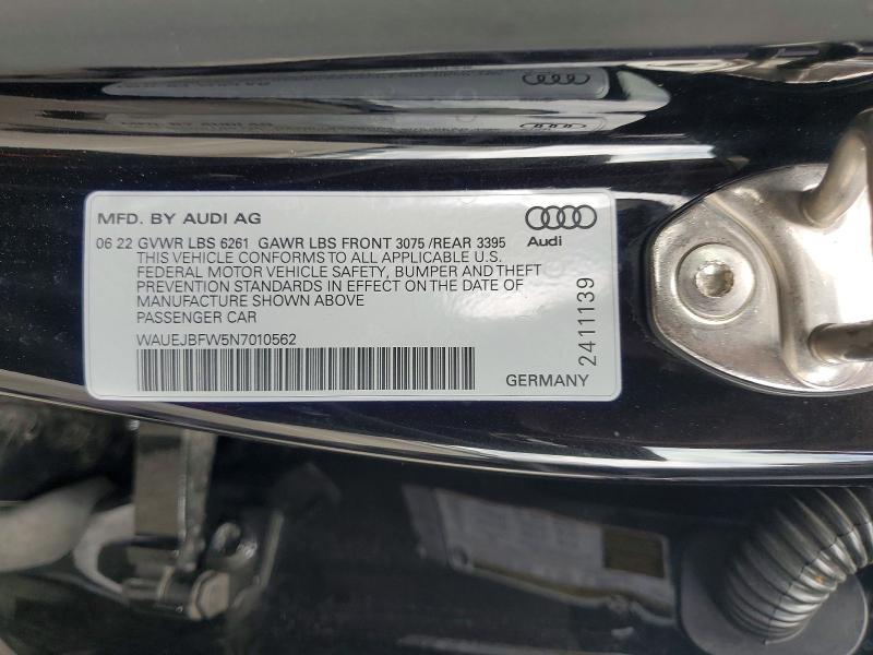 2022 Audi E-tron Gt მანქანა იყიდება აუქციონზე, vin: WAUEJBFW5N7010562, აუქციონის ნომერი: 52260186
