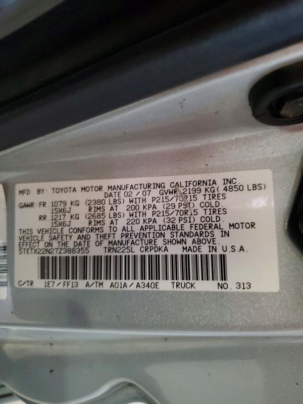 52817446 :رقم المزاد ، 5TETX22N27Z388355 vin ، 2007 Toyota Tacoma مزاد بيع