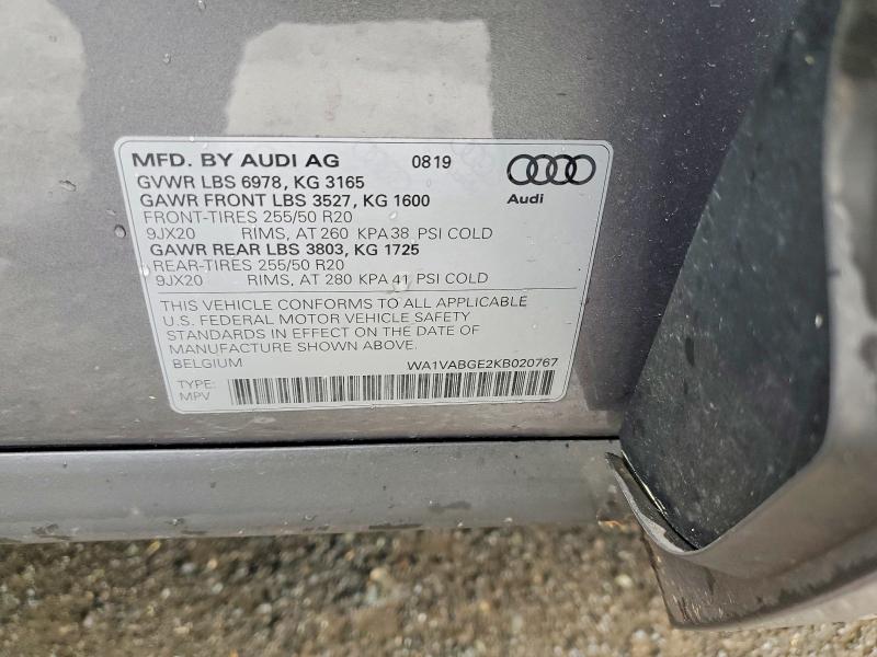 53088706 :رقم المزاد ، WA1VABGE2KB020767 vin ، 2019 Audi E-tron مزاد بيع