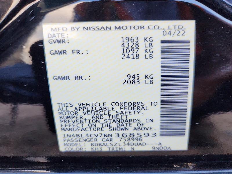 Продаж на аукціоні авто 2022 Nissan Altima, vin: 1N4BL4CV7NN368593, номер лоту: 54894726