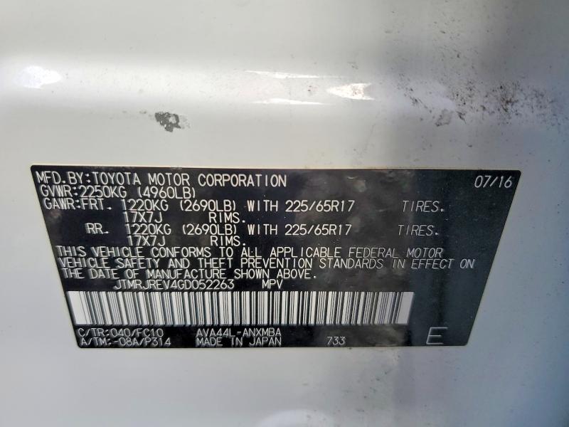2016 Toyota Rav4 Hv მანქანა იყიდება აუქციონზე, vin: JTMRJREV4GD052263, აუქციონის ნომერი: 52427306