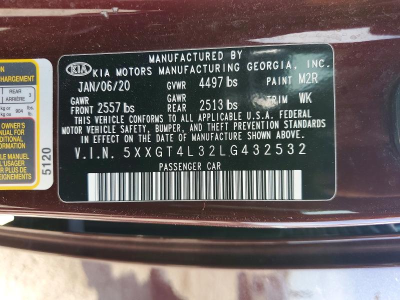 52449026 :رقم المزاد ، 5XXGT4L32LG432532 vin ، 2020 Kia Optima مزاد بيع