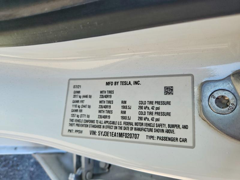 Продажа на аукционе авто 2021 Tesla Model 3, vin: 5YJ3E1EA1MF020707, номер лота: 52756816