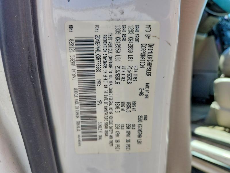 2006 Dodge Grand Caravan მანქანა იყიდება აუქციონზე, vin: 2D4GP44LX6R776031, აუქციონის ნომერი: 52495686