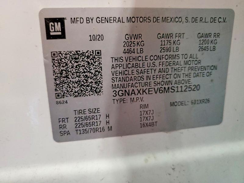 Aukcja sprzedaży 2021 Chevrolet Equinox, vin: 3GNAXKEV6MS112520, numer aukcji: 55030476