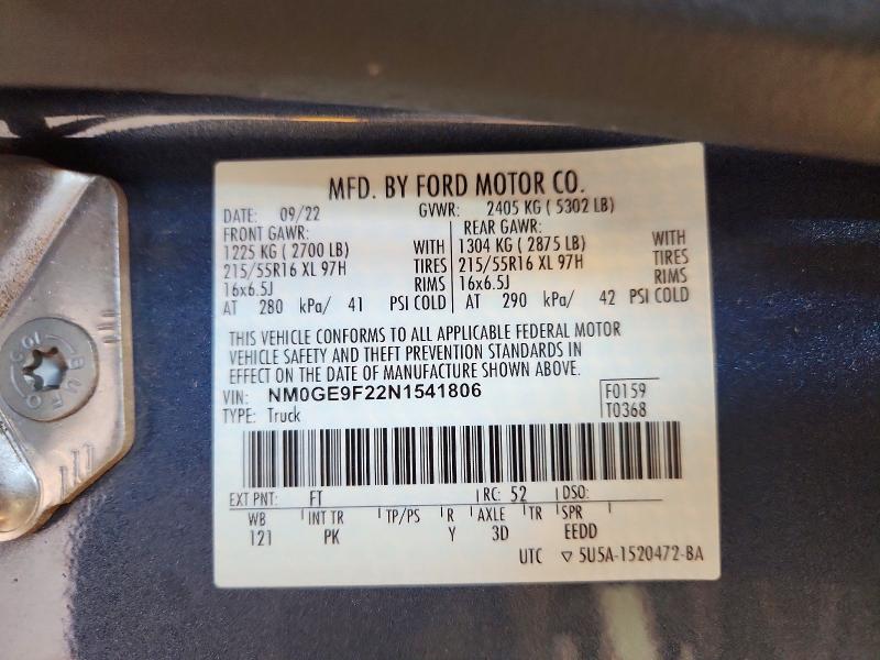 Aukcja sprzedaży 2022 Ford Transit Connect, vin: NM0GE9F22N1541806, numer aukcji: 53431526