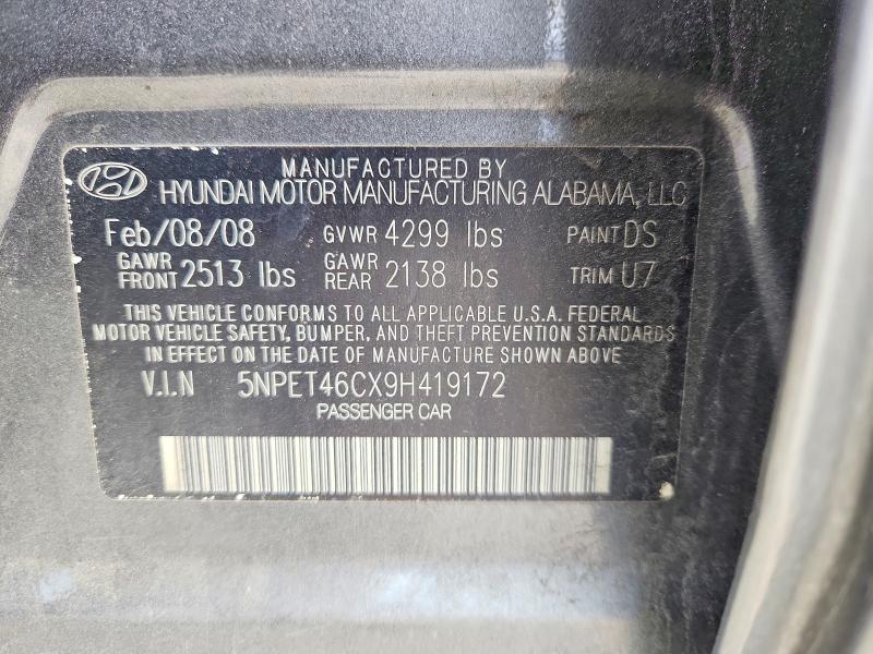 2009 Hyundai Sonata მანქანა იყიდება აუქციონზე, vin: 5NPET46CX9H419172, აუქციონის ნომერი: 54789456