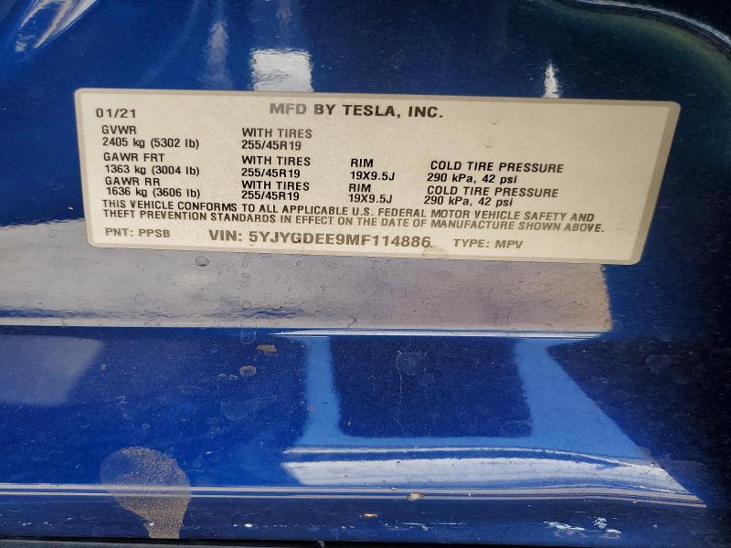53140096 :رقم المزاد ، 5YJYGDEE9MF114886 vin ، 2021 Tesla Model Y مزاد بيع