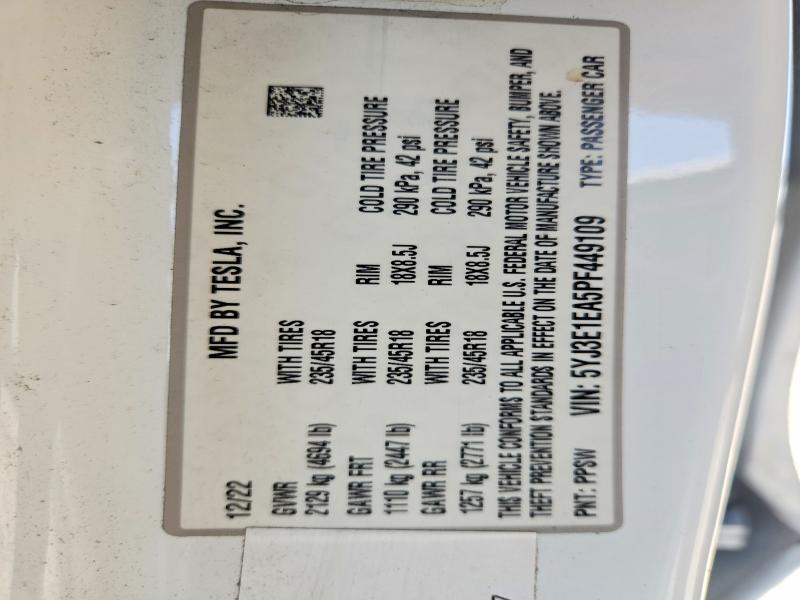Aukcja sprzedaży 2023 Tesla Model 3, vin: 5YJ3E1EA5PF449109, numer aukcji: 54651456