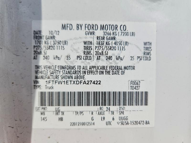 54141896 :رقم المزاد ، 1FTFW1ETXDFA27422 vin ، 2013 Ford F150 مزاد بيع