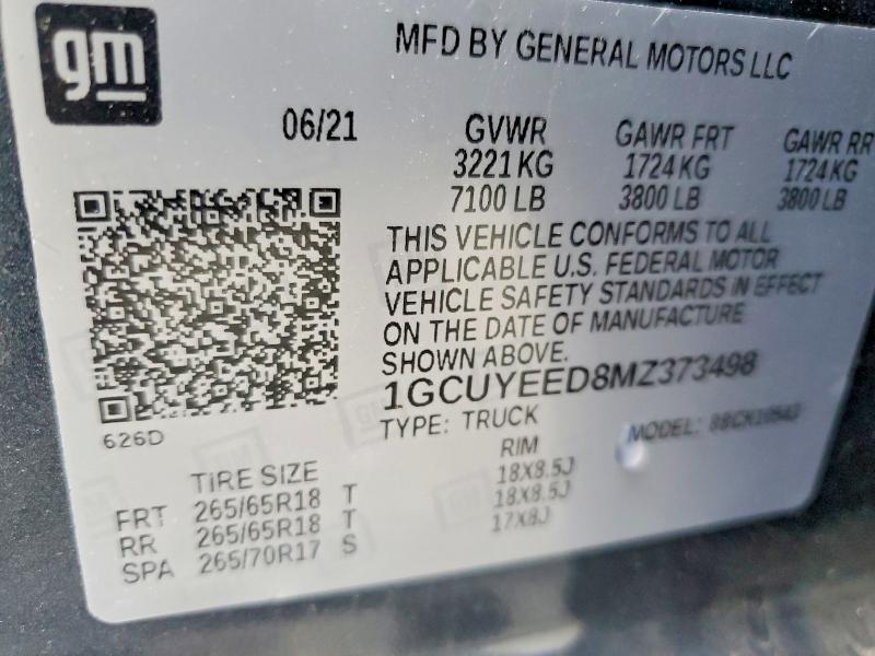 Продаж на аукціоні авто 2021 Chevrolet Silverado, vin: 1GCUYEED8MZ373498, номер лоту: 53947096