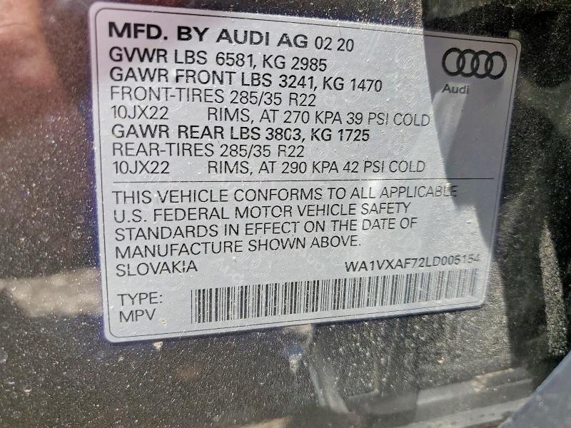 52998826 :رقم المزاد ، WA1VXAF72LD005154 vin ، 2020 Audi Q7 مزاد بيع