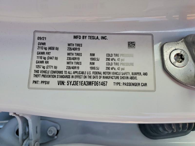 2021 Tesla Model 3 მანქანა იყიდება აუქციონზე, vin: 5YJ3E1EA3MF061467, აუქციონის ნომერი: 53271316