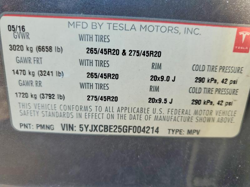 2016 Tesla Model X მანქანა იყიდება აუქციონზე, vin: 5YJXCBE25GF004214, აუქციონის ნომერი: 52894306