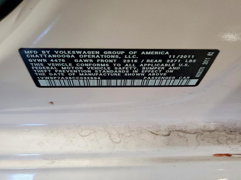 Продажа на аукционе авто 2012 Volkswagen Passat, vin: 1VWBP7A38CC032894, номер лота: 54406626