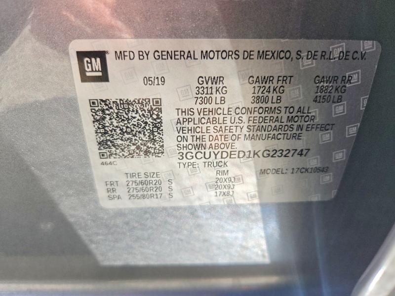 Aukcja sprzedaży 2019 Chevrolet Silverado, vin: 3GCUYDED1KG232747, numer aukcji: 55091386