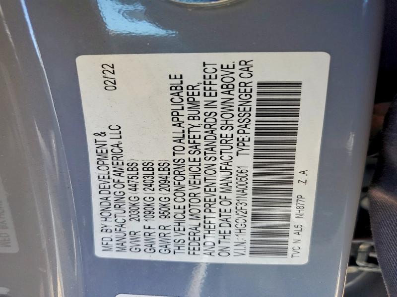 Aukcja sprzedaży 2022 Honda Accord, vin: 1HGCV2F31NA005061, numer aukcji: 53255426
