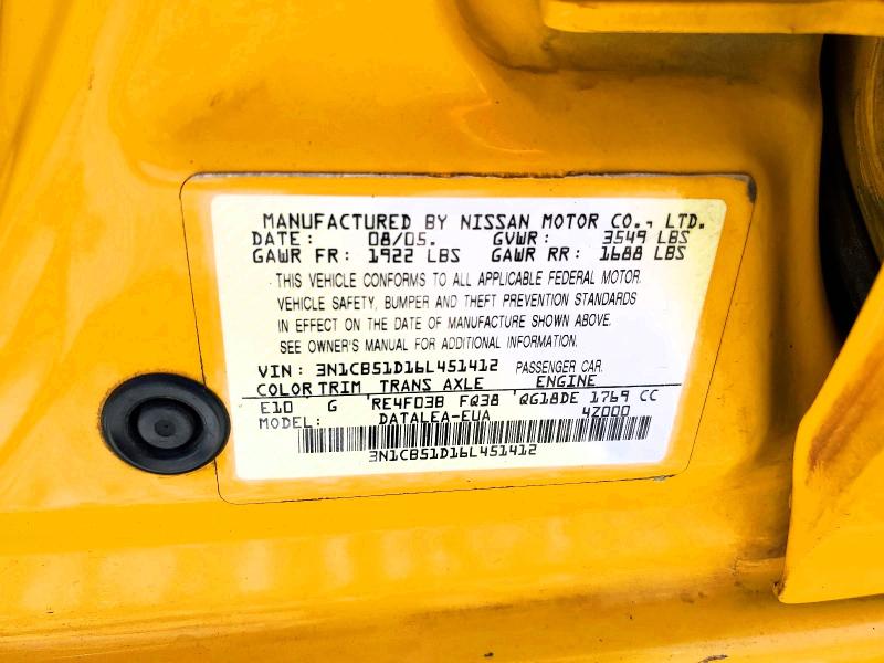 Продажа на аукционе авто 2006 Nissan Sentra, vin: 3N1CB51D16L451412, номер лота: 53919426