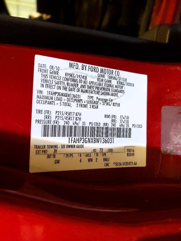 50755266 :رقم المزاد ، 1FAHP3GNXBW136031 vin ، 2011 Ford Focus مزاد بيع