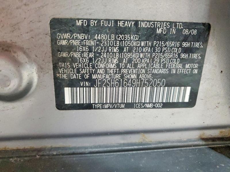 Auction sale of the 2009 Subaru Forester, vin: JF2SH61649H752050, lot number: 52823286