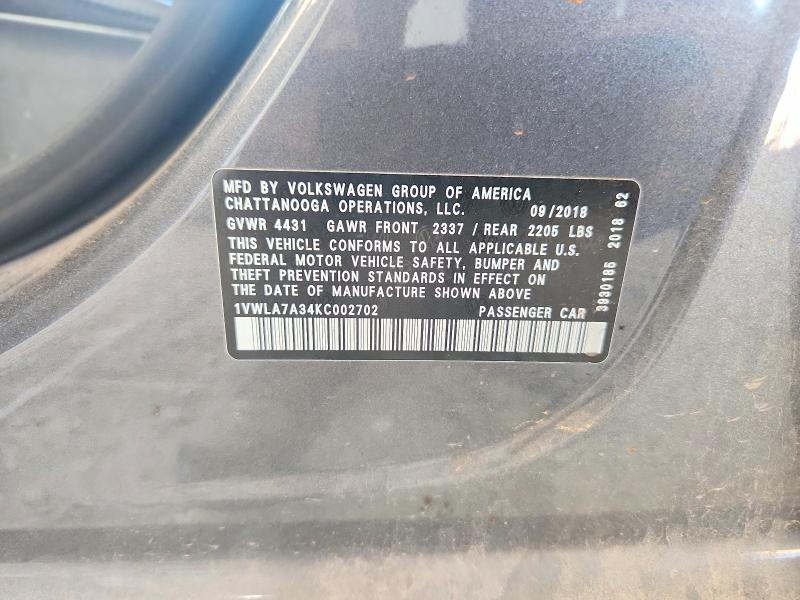 Aukcja sprzedaży 2019 Volkswagen Passat, vin: 1VWLA7A34KC002702, numer aukcji: 52784796