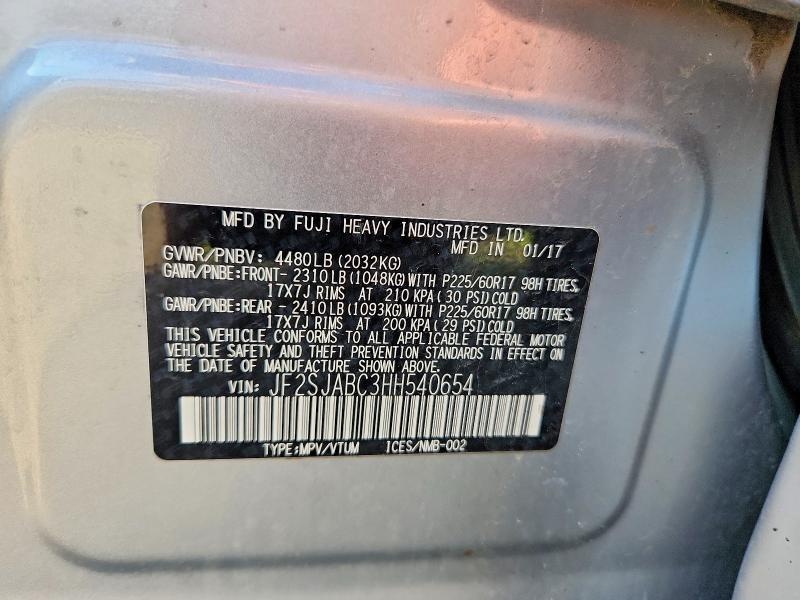 2017 Subaru Forester მანქანა იყიდება აუქციონზე, vin: JF2SJABC3HH540654, აუქციონის ნომერი: 53956546