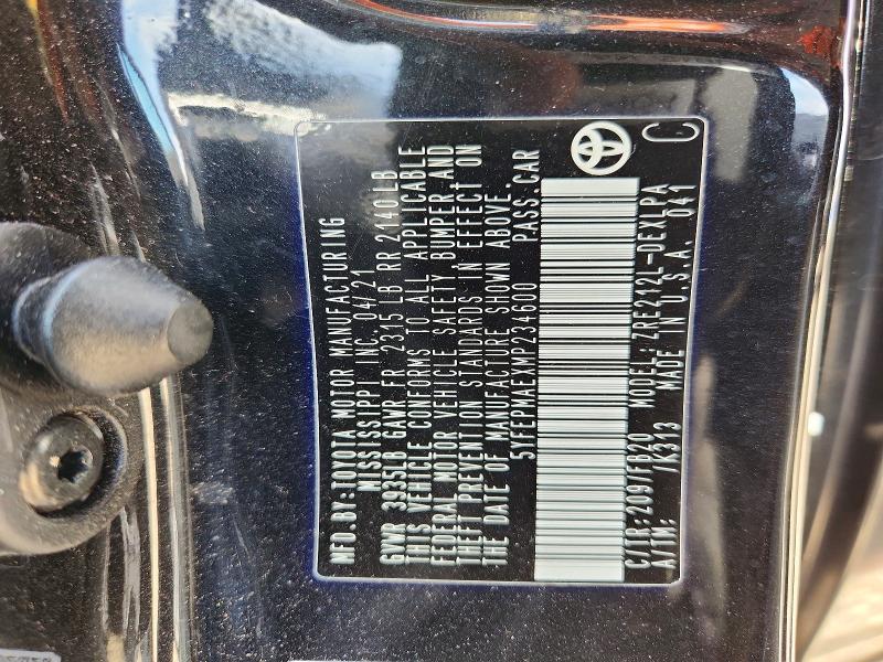 Aukcja sprzedaży 2021 Toyota Corolla, vin: 5YFEPMAEXMP234600, numer aukcji: 51876106