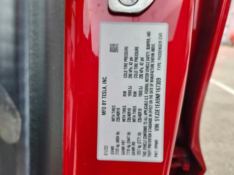 54001286 :رقم المزاد ، 5YJ3E1EA9NF167309 vin ، 2022 Tesla Model 3 مزاد بيع