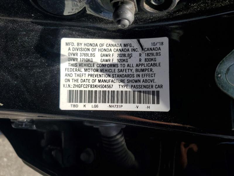 Aukcja sprzedaży 2019 Honda Civic, vin: 2HGFC2F83KH504567, numer aukcji: 54699056